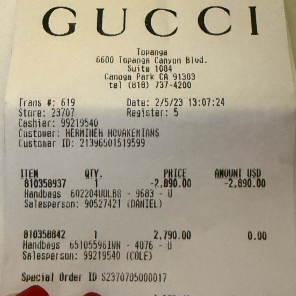 Gucci Receipt for Luxury Handbags